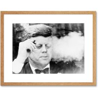 Artery8 President John Kennedy Smoking Cigar JFK Black & White Vintage Photograph Artwork Framed Wall Art Print 12X16 Inch in Light Oak