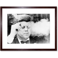 President John Kennedy Smoking Cigar JFK & White Vintage Photograph Artwork Framed Wall Art Print 12X16 Inch Brown