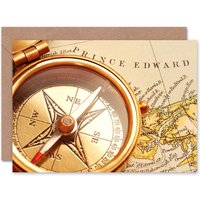 Antique Brass Compass Over Old Canadian Map Goodbye Card