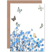 Artery8 Blue Flowers Butterfly Drawing Greetings Card