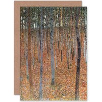Artery8 Gustav Klimt Beech Grove Greetings Card in Brown