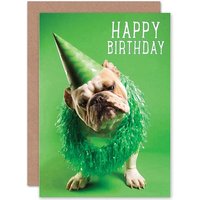 Artery8 Happy Birthday Bulldog Party Hat Green Celebrate Birthday Greetings Card