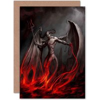 Artery8 Painting Devil Demon Fire Chain Trident Wings Horns Greetings Card in Red