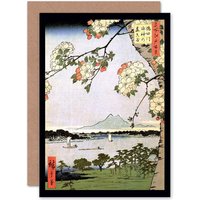 Artery8 Japan Woodblock Cherry Blossom Ships On Water Greetings Card