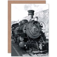 Artery8 Black White Train Steam Engine Front Greetings Card in Grey