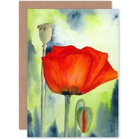 Artery8 Poppy Flower Bud Red Watercolour Birthday Greetings Card