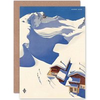 Artery8 Travel Winter Sport Snow Ski Chalet Alps Austria Greetings Card in Blue