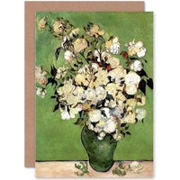 Artery8 Vincent Van Gogh A Vase Of Roses 1890 Old Master Greetings Card in Green