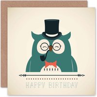 Gentleman Owl Hipster Top Hat Pipe Dad Him Birthday Card