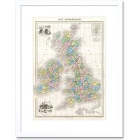 Artery8 1878 British Isles England Ireland Scotland Migeon Pastel Colour Vintage Map Artwork Framed Wall Art Print 12X16 Inch in White
