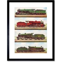 Artery8 Transport Red Green Four Train Engine Locomotives Vintage Illustration Artwork Framed Wall Art Print 12X16 Inch in Black