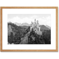 Artery8 Neuschwanstein Castle Bavaria Germany Vintage Black & White Mountain Landscape Photo Artwork Framed Wall Art Print 12X16 Inch in Light Oak