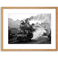Artery8 Wall Art Print Vintage Photo Steam Train Black White Engine Artwork Framed 9X7 Inch in Light Oak | Size: W7" x H9"