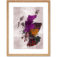 Artery8 Wall Art Print Painting Map Outline Scotland Tartan Inset Regions Artwork Framed 9X7 Inch in Light Oak | Size: W7" x H9"