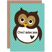 Artery8 Cartoon Owl Miss You Cute Fun Greetings Card in Blue