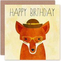Cartoon Fox Glasses & Hat Happy Birthday Card