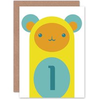 Artery8 Child Birthday Mouse 1 One Year Old Greetings Card in Yellow
