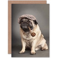 Artery8 Snappy Pug Puppy Dog Smoking Pipe Greeting Card in Grey