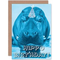 Artery8 Birthday Celebration Happy Hippo Pun Fun Present Greetings Card in Blue