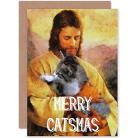 Artery8 Christmas Xmas Merry Catsmas Cat Fun Pun Greetings Card in Beige