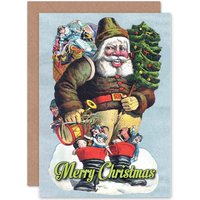Artery8 Christmas Xmas Merry Happy Old Santa Present Greetings Card in Blue