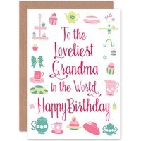 Artery8 Birthday Happy Grandma Granny Loveliest Tea Theme Greetings Card in White