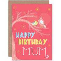 Artery8 Birthday Happy Mum Mother Ornate Birds Tree Greetings Card in Pink