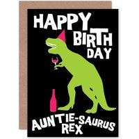 Artery8 Wine Dinosaur T-Rex Auntie Fun Funny Birthday Greetings Card in Black