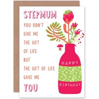 Artery8 Birthday Happy Fun Step Mum Mother Vase Graphic Greetings Card in Pink