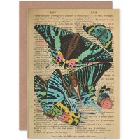 Artery8 Birthday Upcycle Dictionary Butterflies Insect Bright Greetings Card in Beige