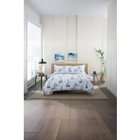 Lobster Creek Solent Duvet Cover Set Nautical Sailing Boat Design w/ Fresh White Background & Stripe Reverse - 100% Cotton Coastal Bedding for a