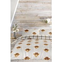 Fusion 'Highland Cow' Print With Tartan Reverse Duvet Cover Set in Mustard | Size: Super King