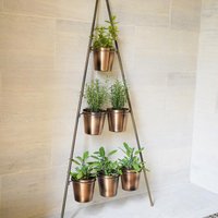 Ivyline Outdoor Vertical Gold Metal Wall Plant Stand with Planters, H148cm x W69cm, Planter External Diam. 14cm