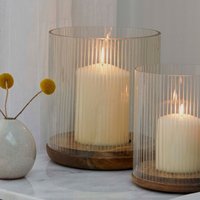 Ivyline Amelia Ribbed Glass Wooden Candle Holder H23cm D20cm|Premium quality |Best seller | Also available in H19.5cm W16cm in Natural