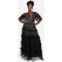 Maya Deluxe Women's Fully Embellished Short Sleeve Maxi Dress in Black | Size: 12