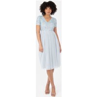 Maya Deluxe Women's Short Sleeve V Neck Embellished Midi Dress in Pale Blue | Size: 8
