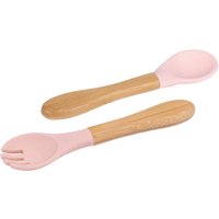 Tiny Dining Bamboo Silicone Tip Fork & Spoon Set Soft Baby Feeding Weaning Cutlery in Baby Pink