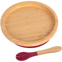 Tiny Dining Bamboo Round Baby Weaning Plate & Fork Set in Red