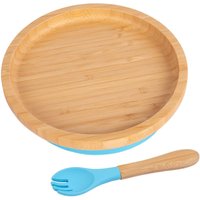 Tiny Dining Bamboo Round Baby Weaning Plate & Fork Set in Blue