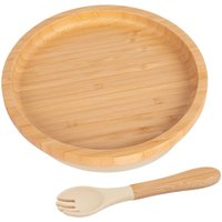 Tiny Dining Bamboo Round Baby Weaning Plate & Fork Set in Beige