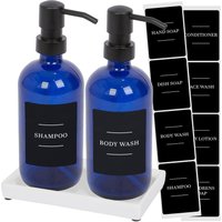 2pc Glass Soap Dispenser Set Ceramic Tray & Labels Blue