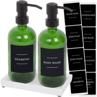 2pc Glass Soap Dispenser Set Ceramic Tray & Labels