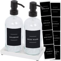 2pc Glass Soap Dispenser Set Ceramic Tray & Labels Clear