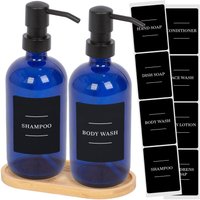2pc Glass Soap Dispenser Set Bamboo Tray & Labels