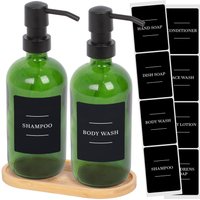 2pc Glass Soap Dispenser Set Bamboo Tray & Labels