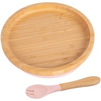 Tiny Dining Bamboo Round Baby Weaning Plate & Fork Set in Baby Pink