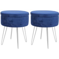 Harbour Housewares Round Velvet Storage Footstools - H45 x D36cm - Silver Legs - Pack of 2 in Blue