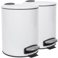 Harbour Housewares 2x Round Bathroom Pedal Bins - 5L Stainless Steel Slim Rubbish Dustbin in White