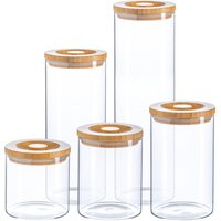 Argon Tableware Scandi Glass Storage Jar Set - Carved Wood Lids Round Glass Jar - 5 Sizes in Clear