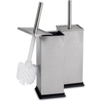 Harbour Housewares 2x Square Toilet Brushes with Holder - Non Slip Cleaning Brush Set in Metallic Silver